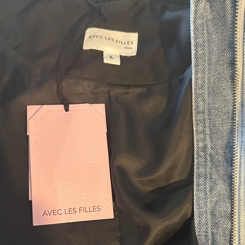 NWT Avec Les Filles Denim Jean Bomber Jacket Black Raglan Sleeves Sz Large - Picture 6 of 9